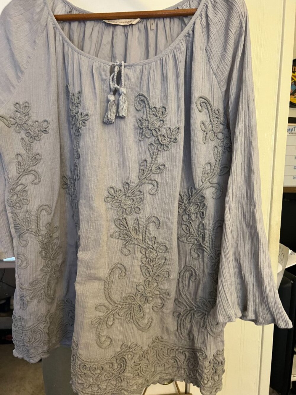 Gray Embroidered Boho Peasant Blouse